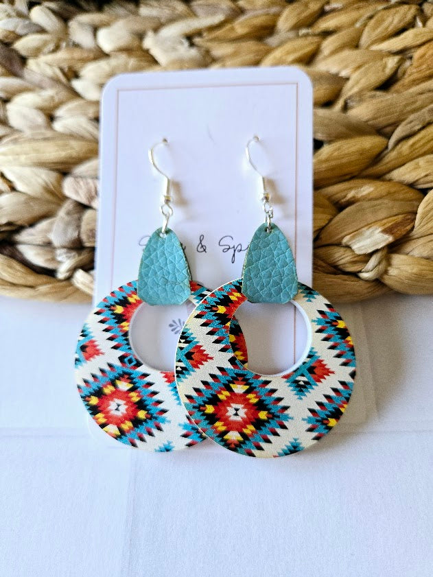 Turquoise Western Tribe with Leather Dangle Earrings