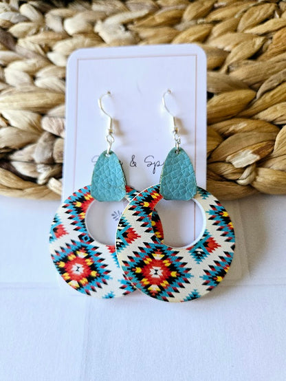Turquoise Western Tribe with Leather Dangle Earrings