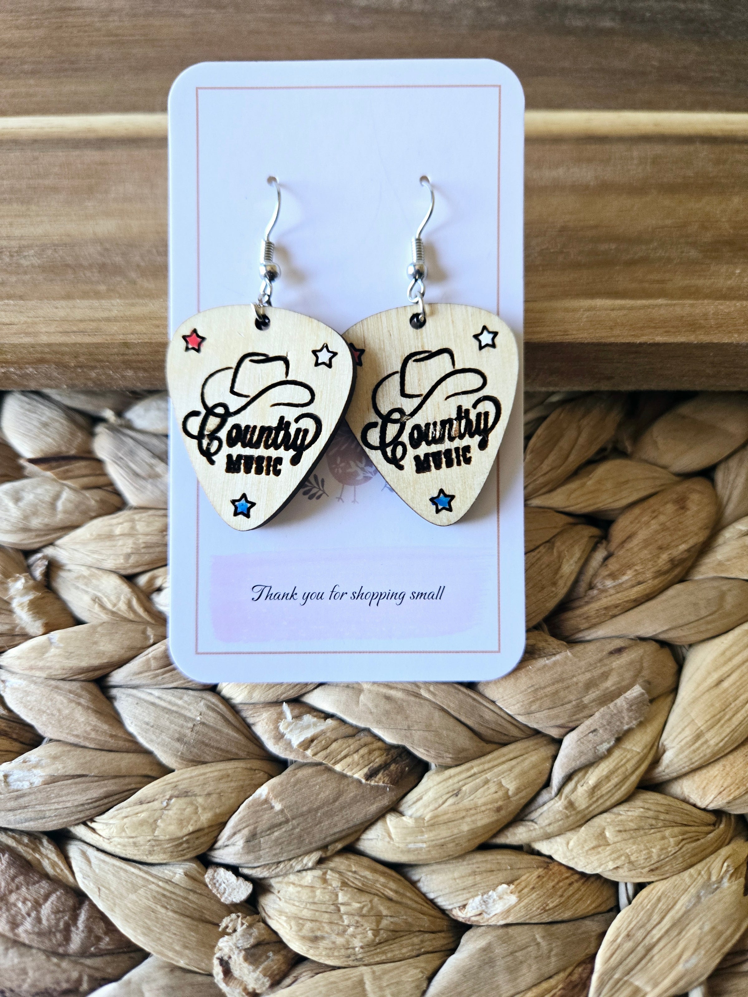 Wood Engraved Country Western Guitar Pick Earrings