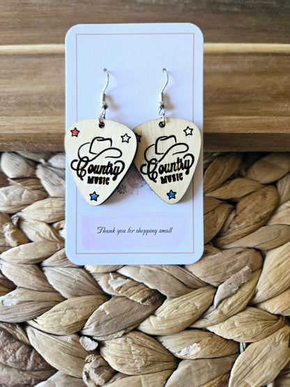 Wood Engraved Country Western Guitar Pick Earrings