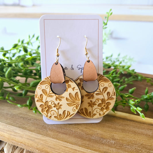 Damask Wood Earrings with Leather