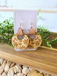 Damask Wood Earrings with Leather