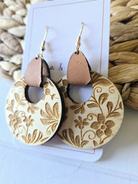 Damask Wood Earrings with Leather