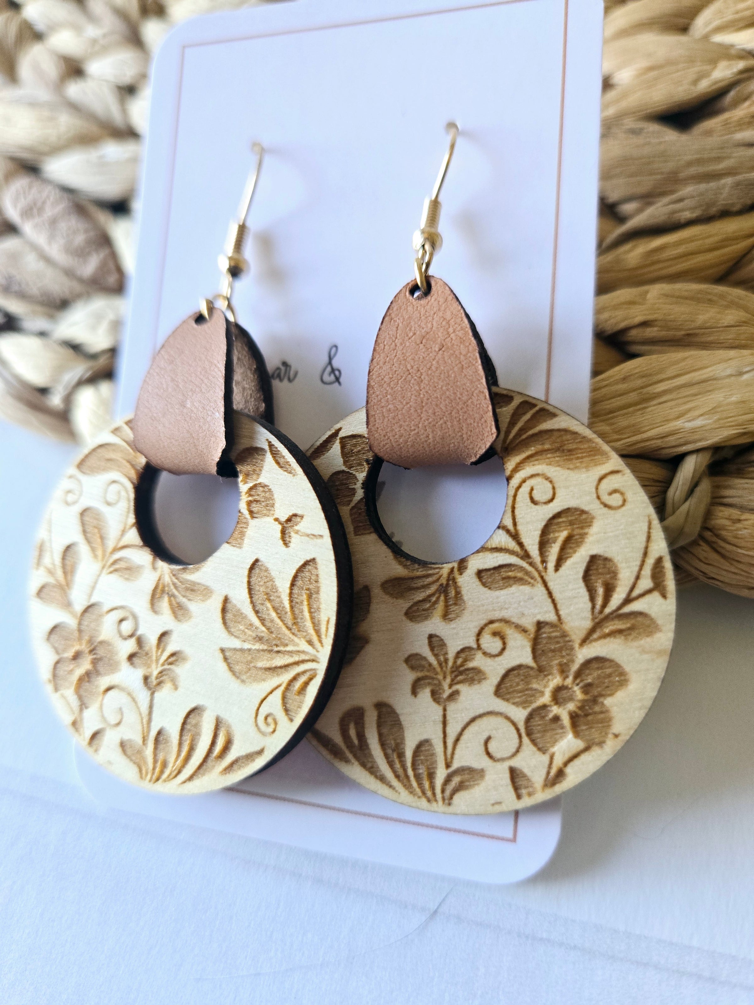 Damask Wood Earrings with Leather