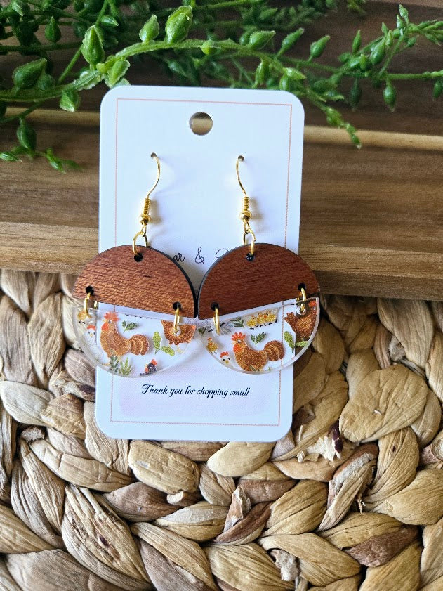 Chicken Acrylic & Wood Circle Earrings.