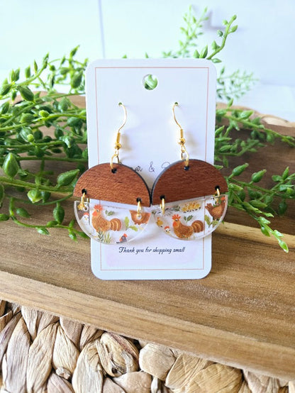 Chicken Acrylic & Wood Circle Earrings.