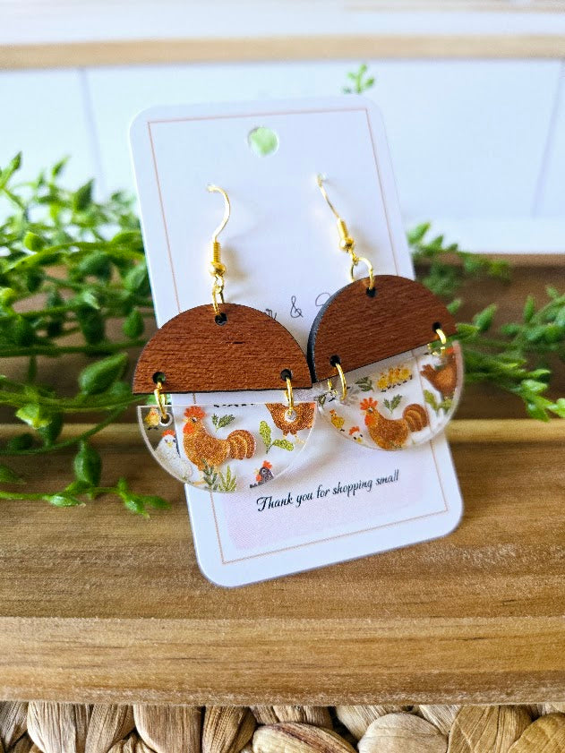 Chicken Acrylic & Wood Circle Earrings.