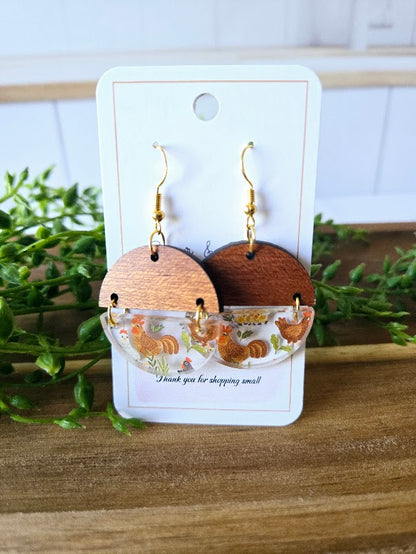 Chicken Acrylic & Wood Circle Earrings.