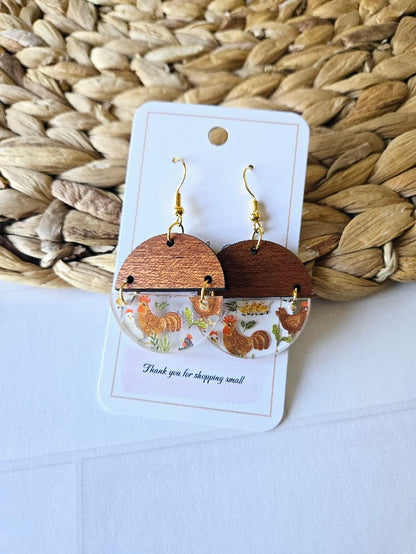 Chicken Acrylic & Wood Circle Earrings.
