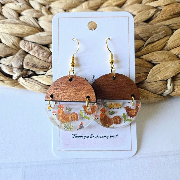 Chicken Acrylic & Wood Circle Earrings.