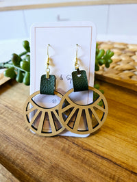Abstract Boho Green Faux Leather Earrings