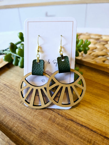 Abstract Boho Green Faux Leather Earrings