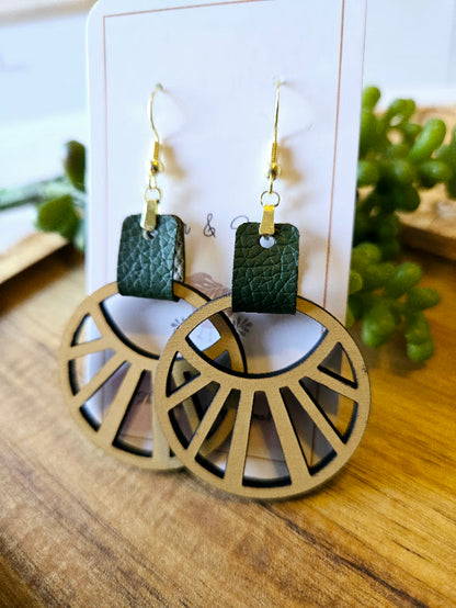 Abstract Boho Green Faux Leather Earrings