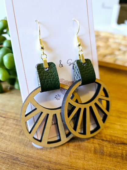 Abstract Boho Green Faux Leather Earrings
