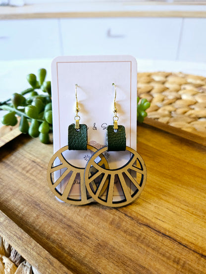 Abstract Boho Green Faux Leather Earrings