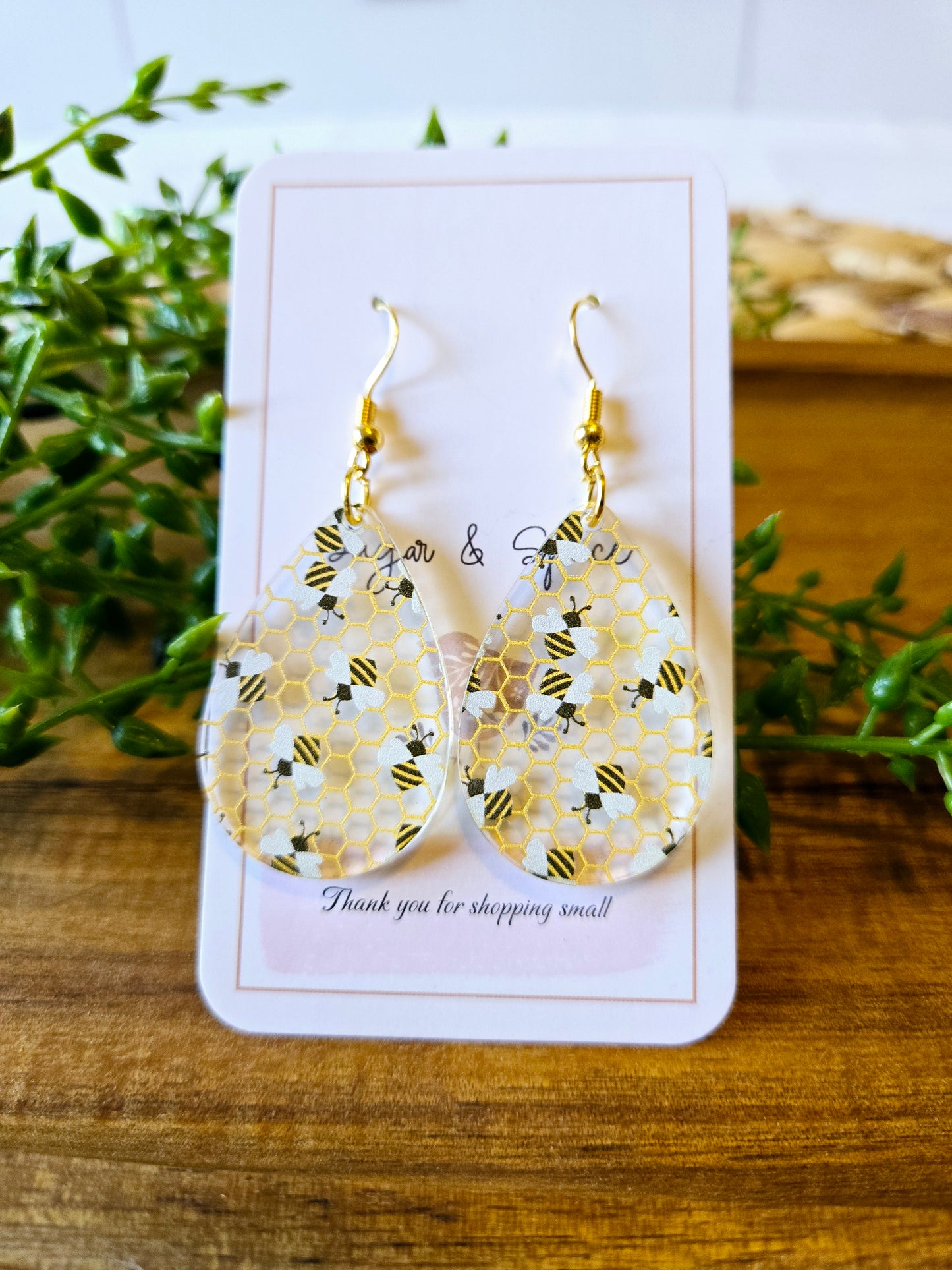 Bee Pattern Acrylic Teardrop Gold Earrings