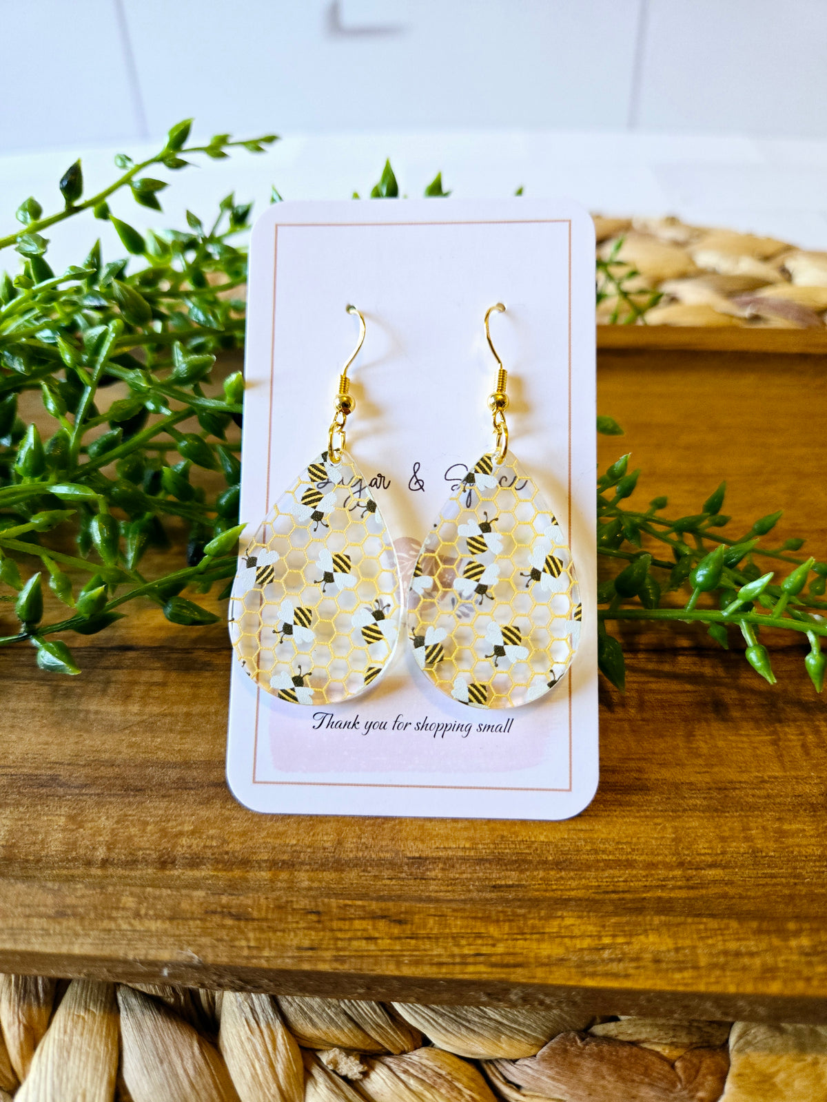 Bee Pattern Acrylic Teardrop Gold Earrings