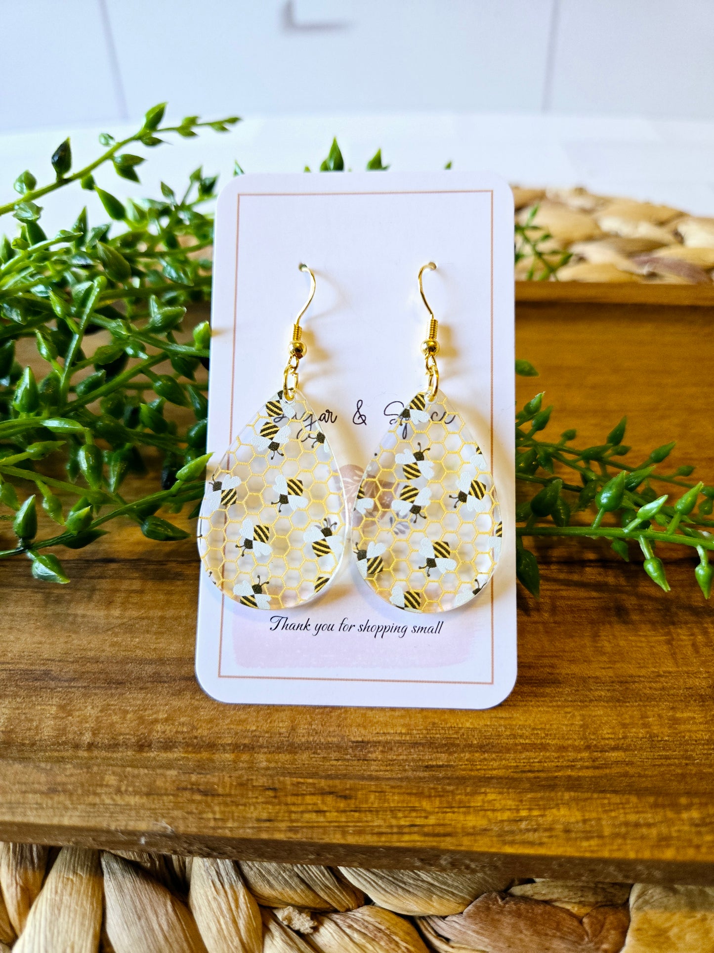 Bee Pattern Acrylic Teardrop Gold Earrings