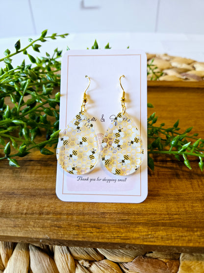 Bee Pattern Acrylic Teardrop Gold Earrings