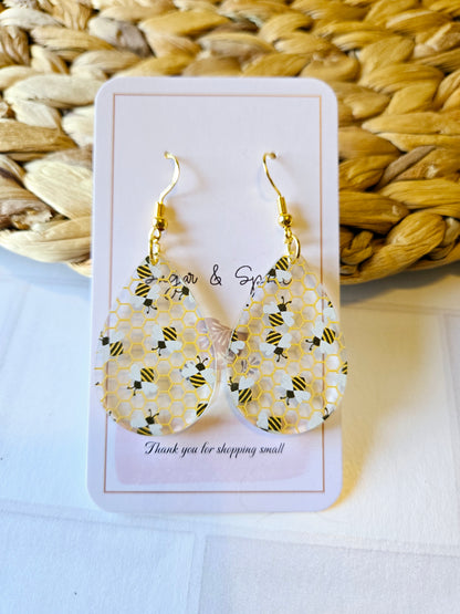Bee Pattern Acrylic Teardrop Gold Earrings