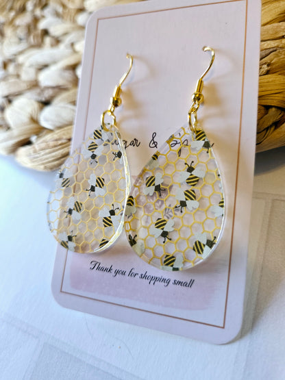 Bee Pattern Acrylic Teardrop Gold Earrings