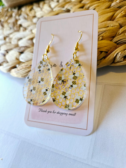 Bee Pattern Acrylic Teardrop Gold Earrings