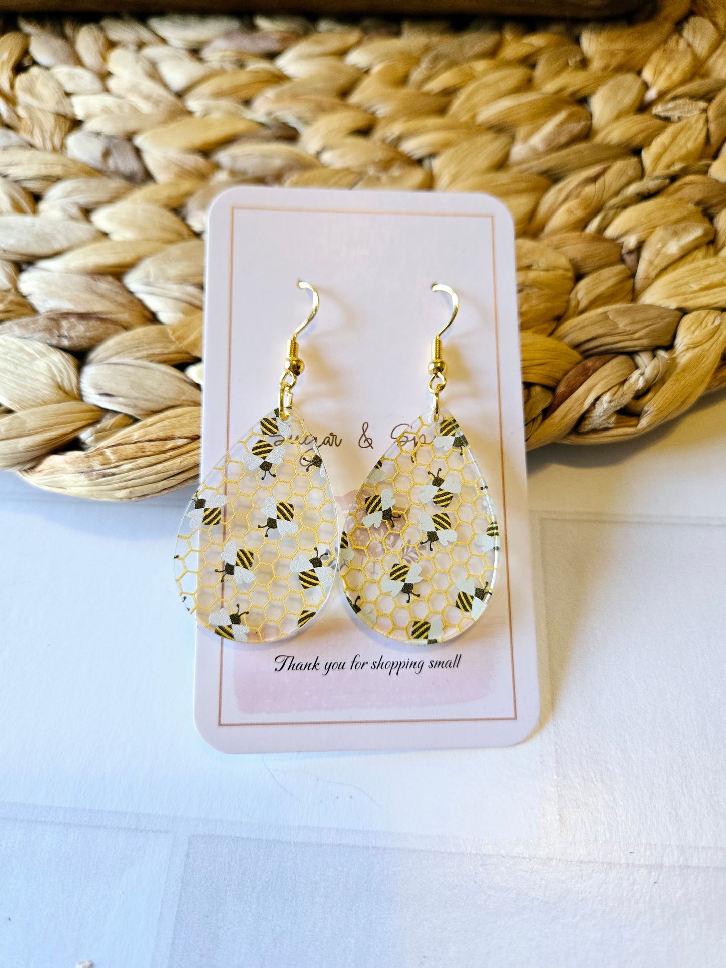 Bee Pattern Acrylic Teardrop Gold Earrings