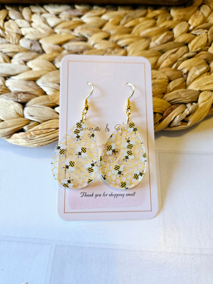 Bee Pattern Acrylic Teardrop Gold Earrings