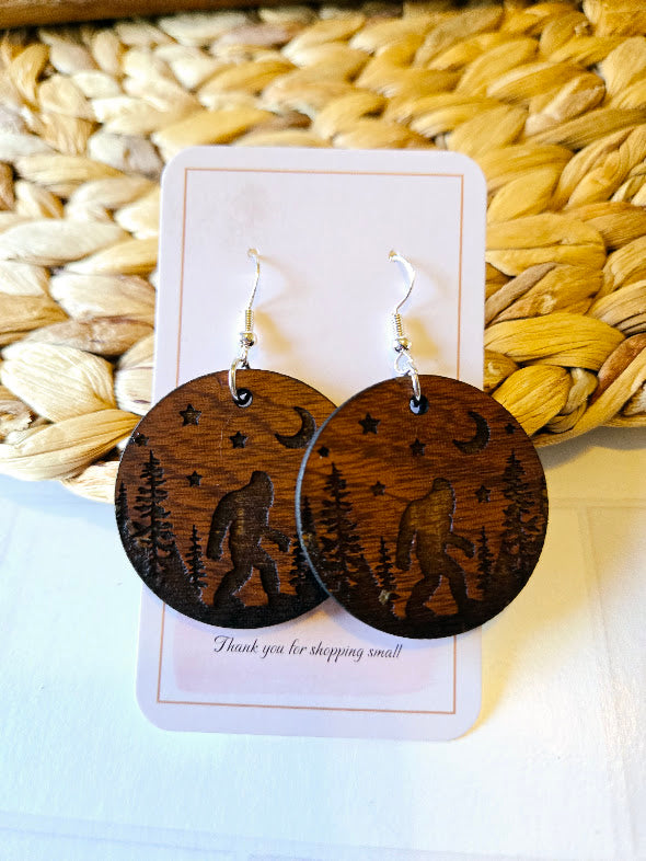Sasquatch Wood Engraved Rustic Earrings