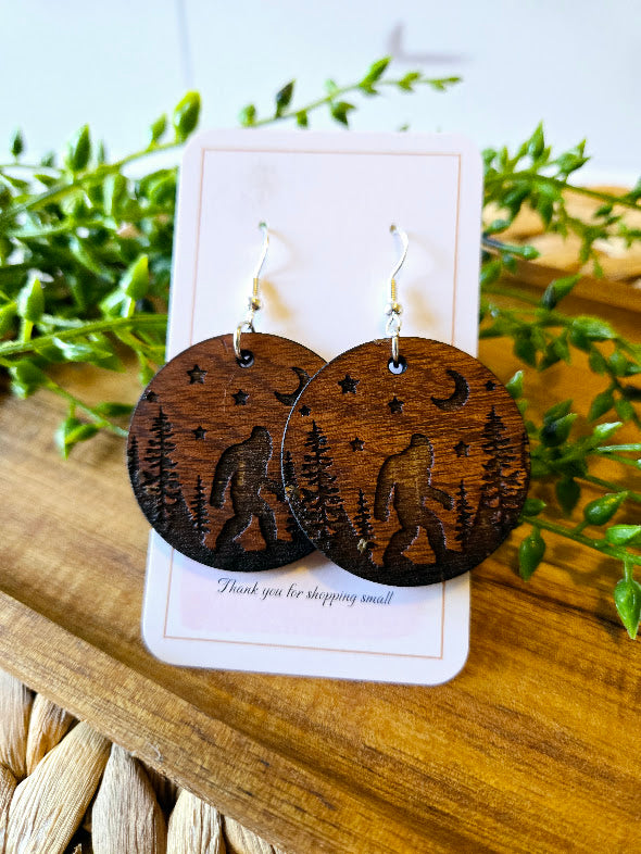 Sasquatch Wood Engraved Rustic Earrings