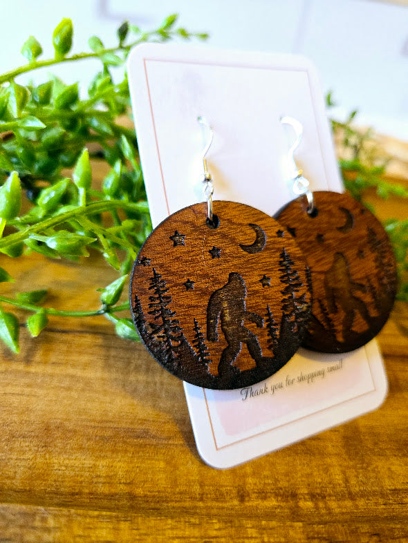 Sasquatch Wood Engraved Rustic Earrings