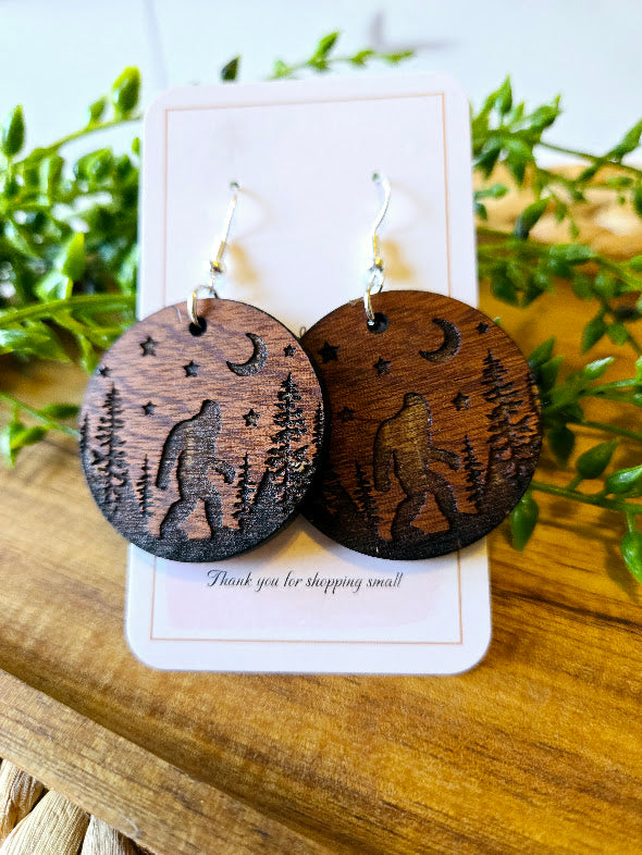 Sasquatch Wood Engraved Rustic Earrings