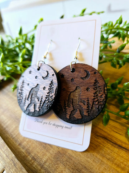 Sasquatch Wood Engraved Rustic Earrings