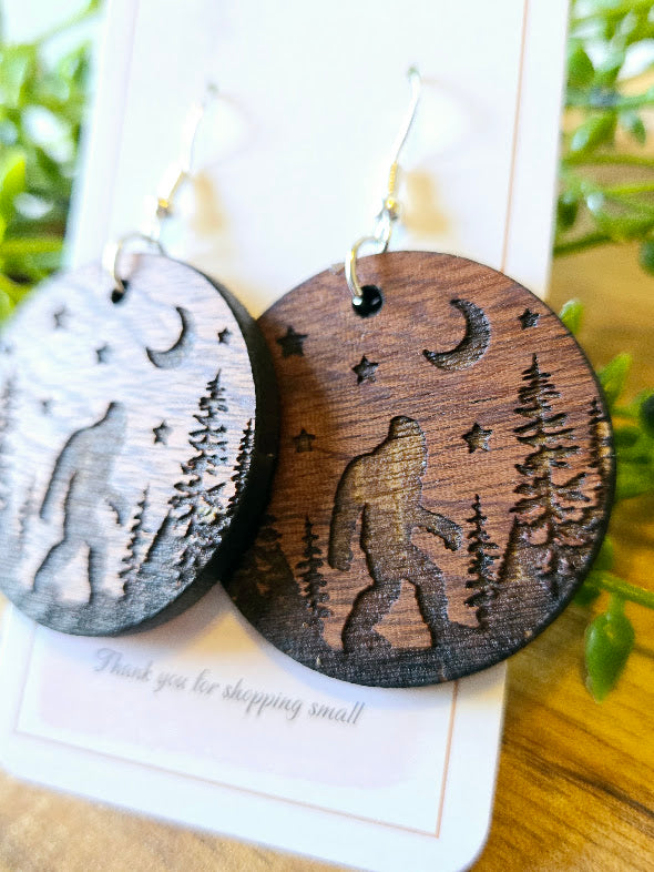 Sasquatch Wood Engraved Rustic Earrings
