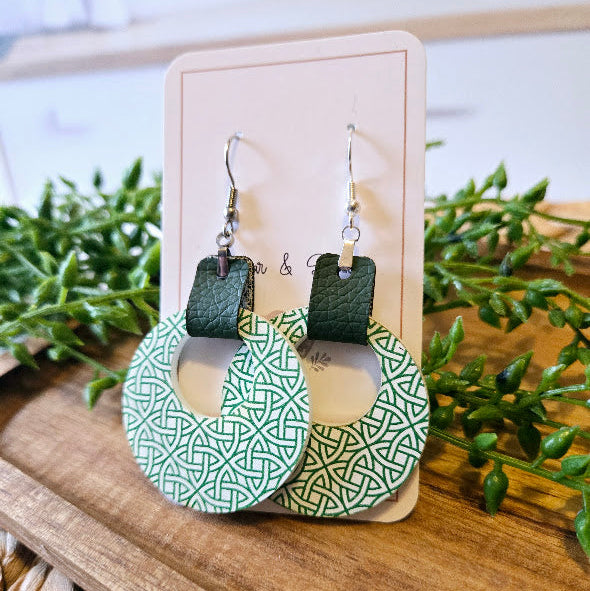 St Patrick Celtic Green Leather Hoop Earrings
