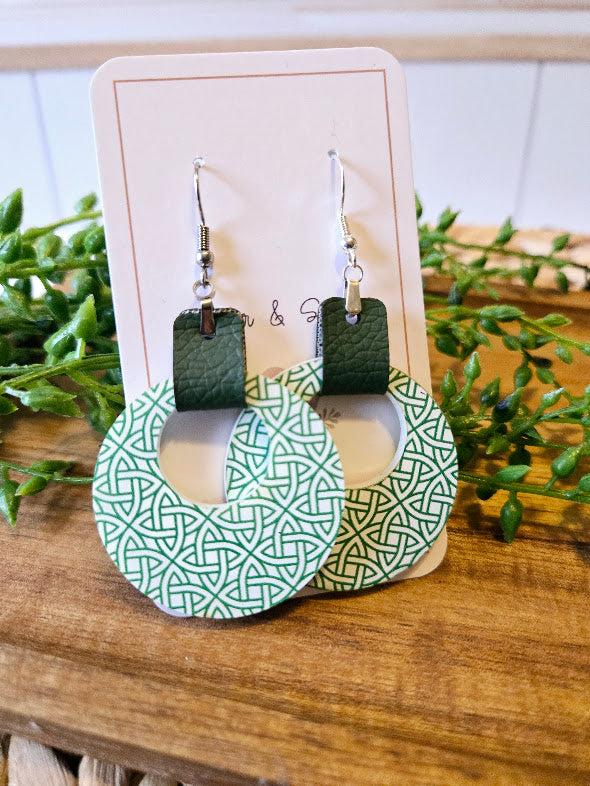St Patrick Celtic Green Leather Hoop Earrings