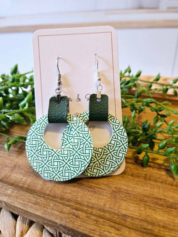 St Patrick Celtic Green Leather Hoop Earrings