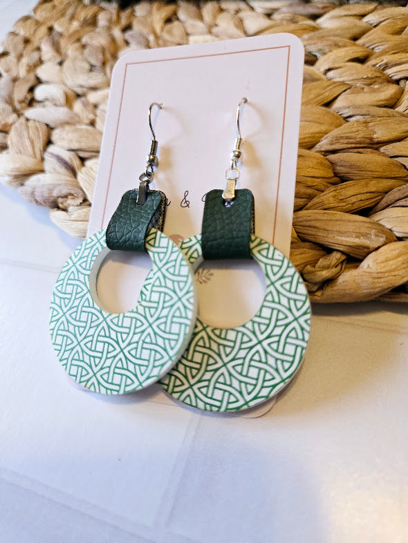 St Patrick Celtic Green Leather Hoop Earrings