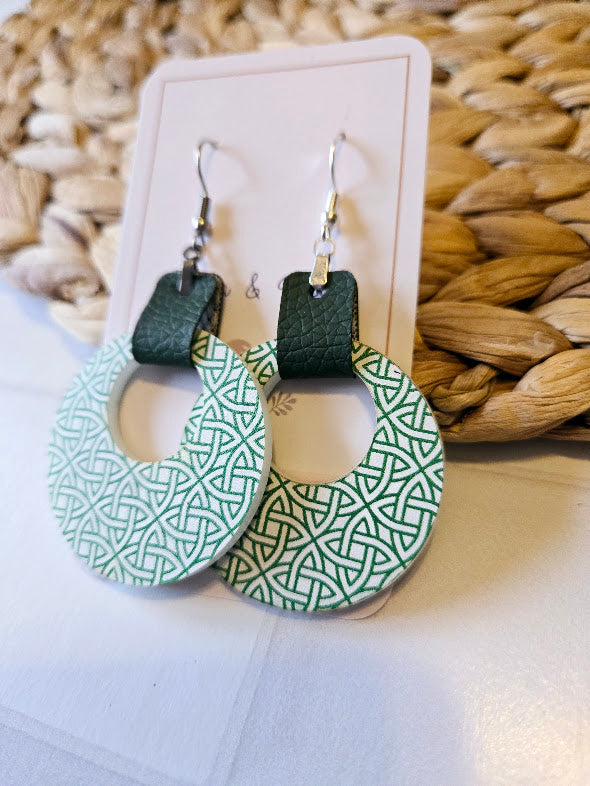 St Patrick Celtic Green Leather Hoop Earrings