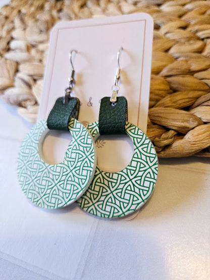St Patrick Celtic Green Leather Hoop Earrings