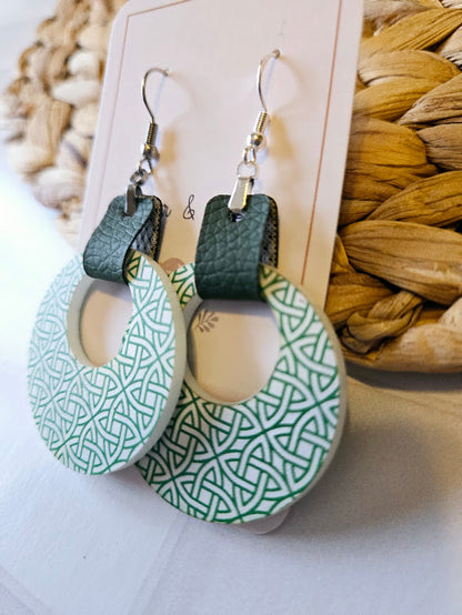 St Patrick Celtic Green Leather Hoop Earrings