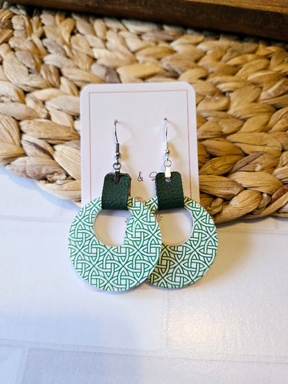 St Patrick Celtic Green Leather Hoop Earrings