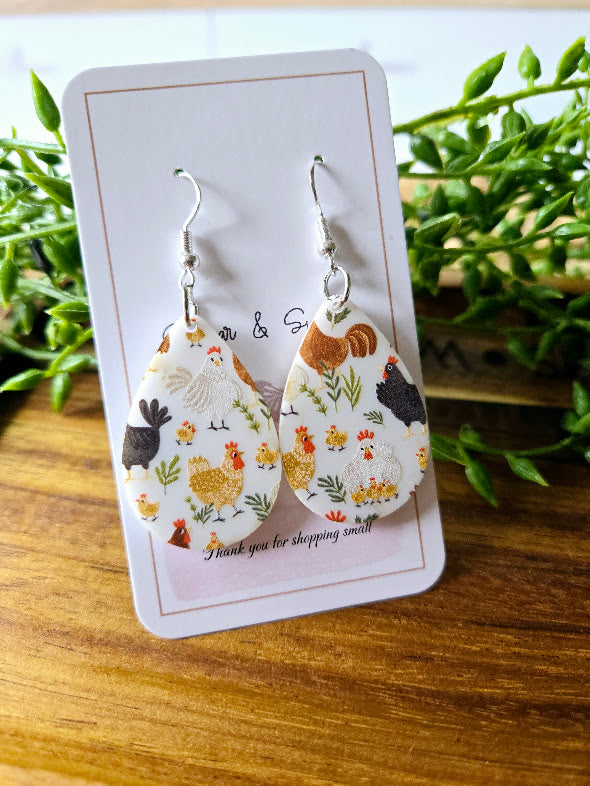 Chicken Teardrop White Acrylic Earrings