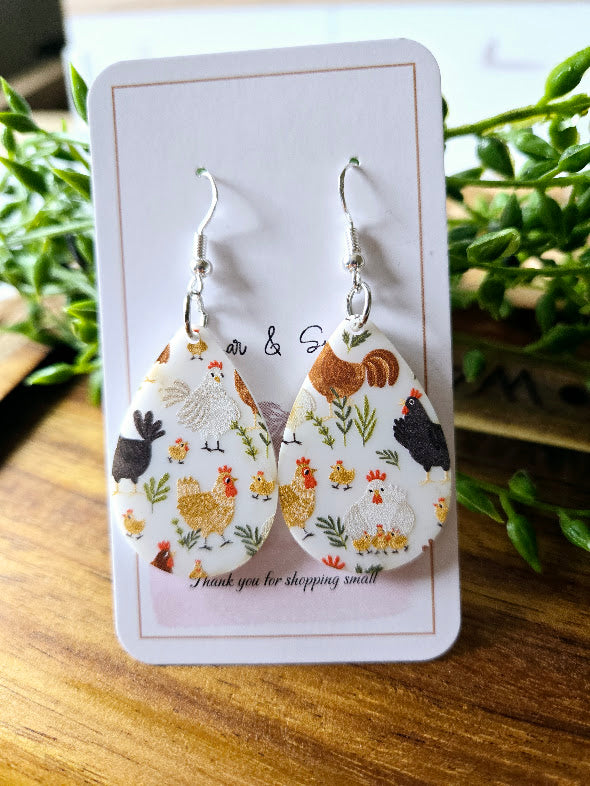 Chicken Teardrop White Acrylic Earrings