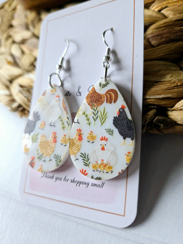 Chicken Teardrop White Acrylic Earrings