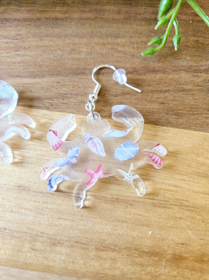 Sea Crab Acrylic Dangle Earrings, Beach Jewelry, Summer Vibes