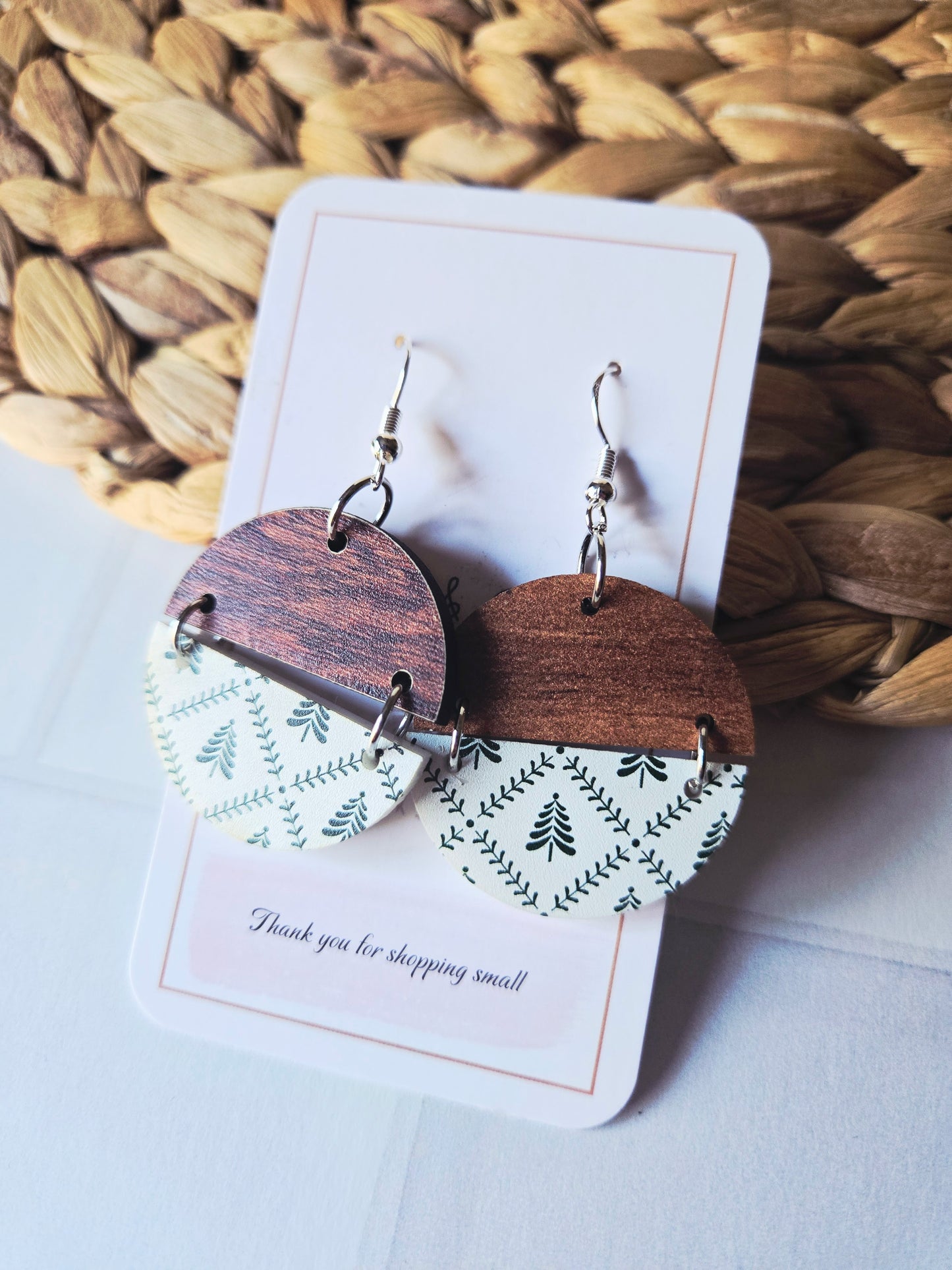 Winter Pine and Wood Christmas Rustic Earrings