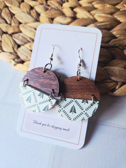 Winter Pine and Wood Christmas Rustic Earrings