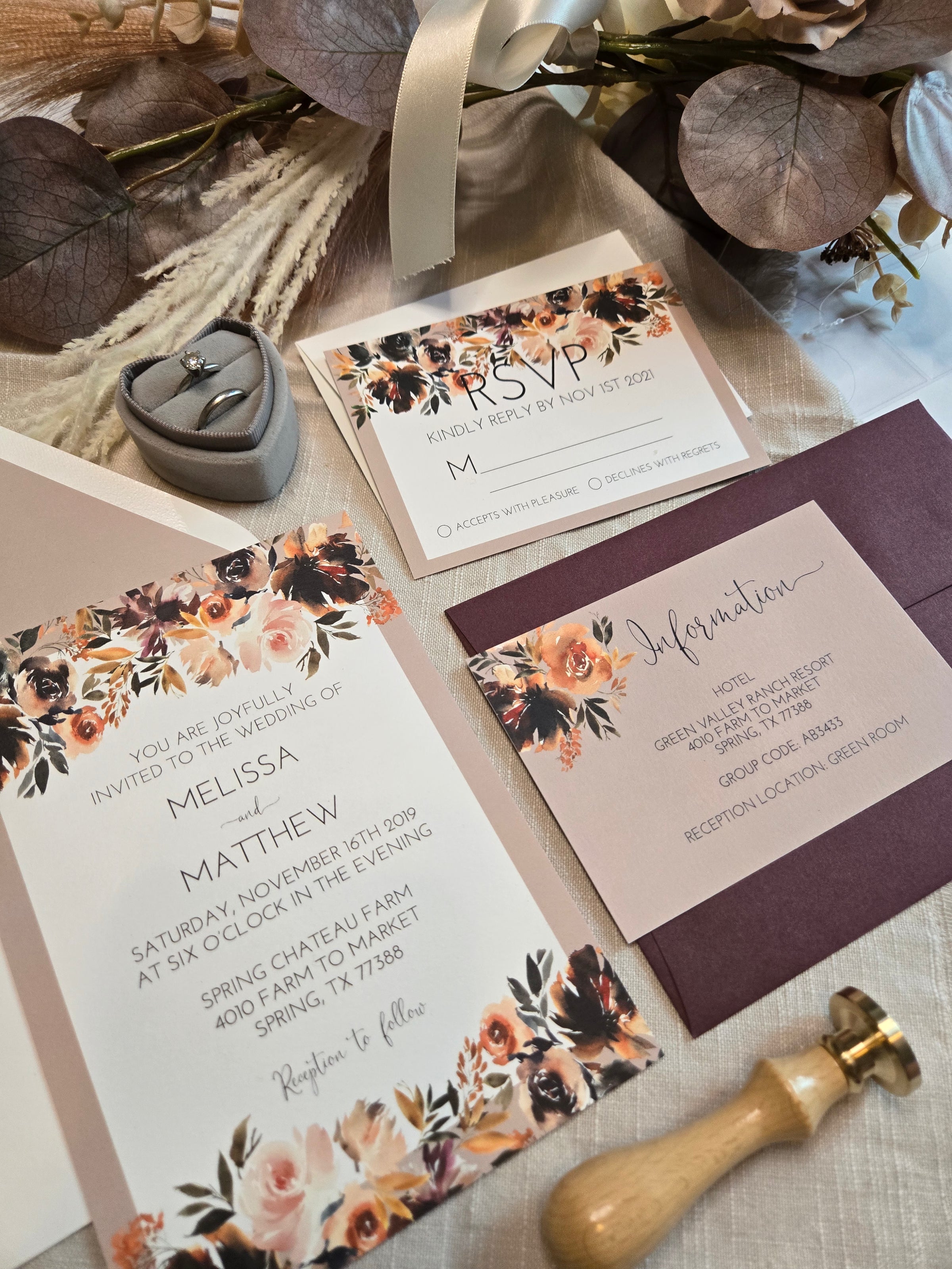 Fall Boho Floral Wedding Invitation Suite