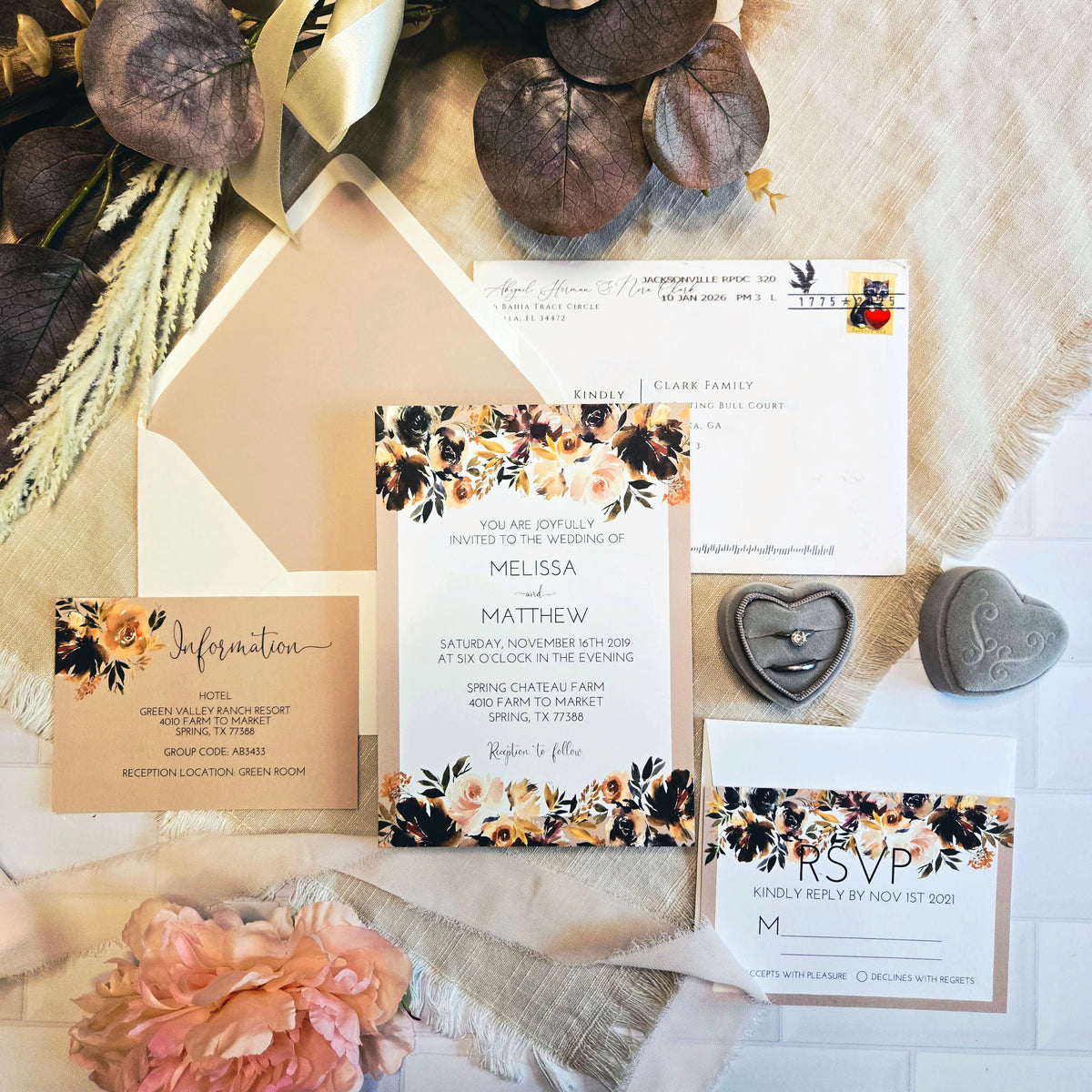 Fall Boho Floral Wedding Invitation Suite